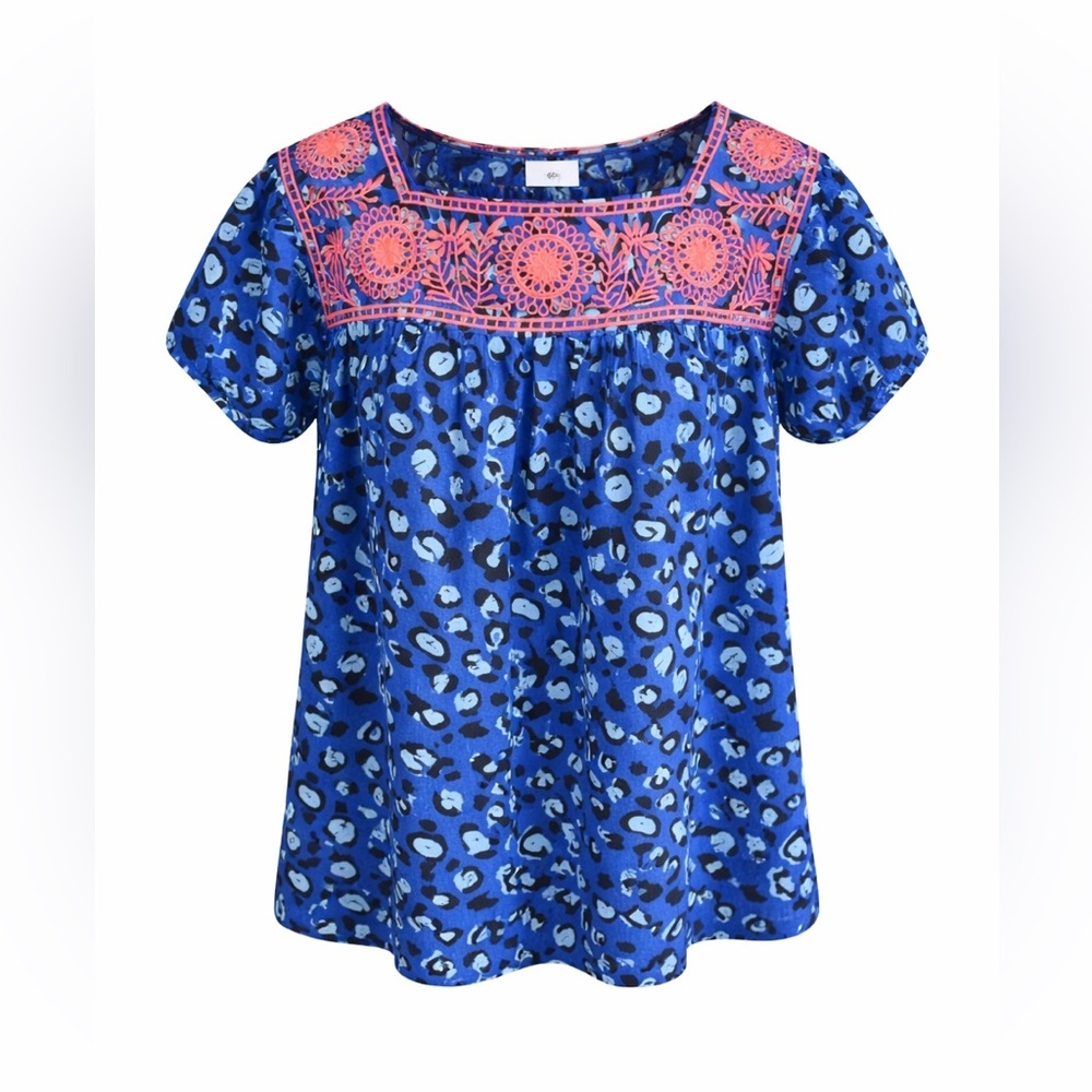 Layers Blue Leopard Embroidered Boho Blouse Indie Farm Rio Vibe Top-Small‎